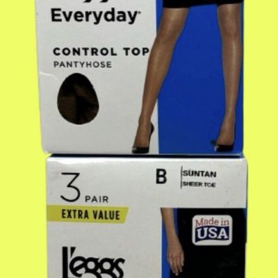 6 Pairs L'eggs Everyday Control Top B Suntan Sheer Toe, Q00J96, New 2 boxes of 3